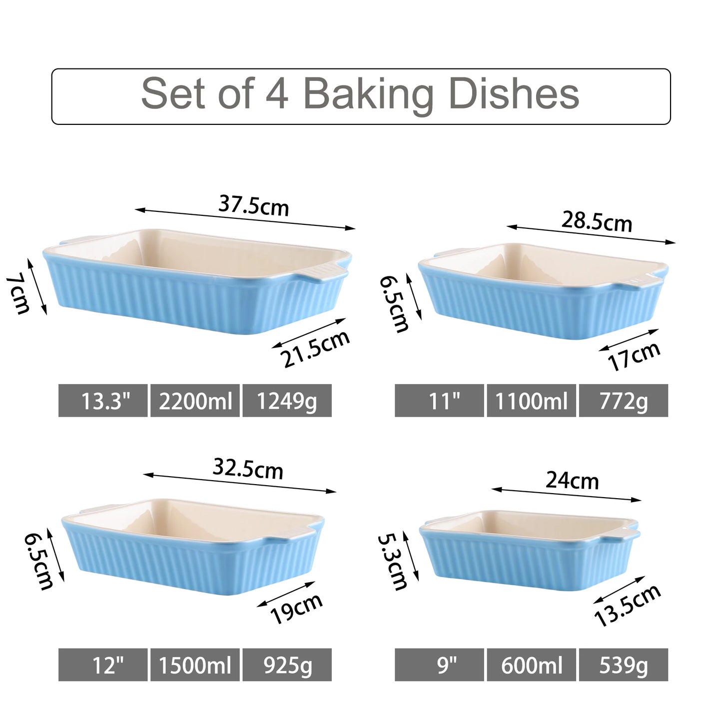 MALACASA 4-Piece Table Baking Dish Plate Set with Ceramic Handle Oven to Ideal for Lasagne/Pie/Casserole/Tapas(9"/11"/12"/13.3")