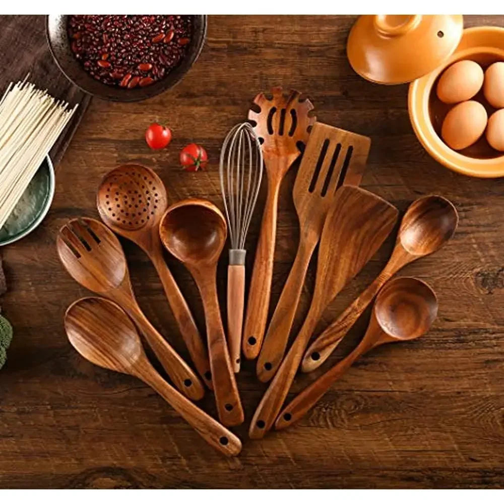 Wooden Kitchen Utensils Set with Holder