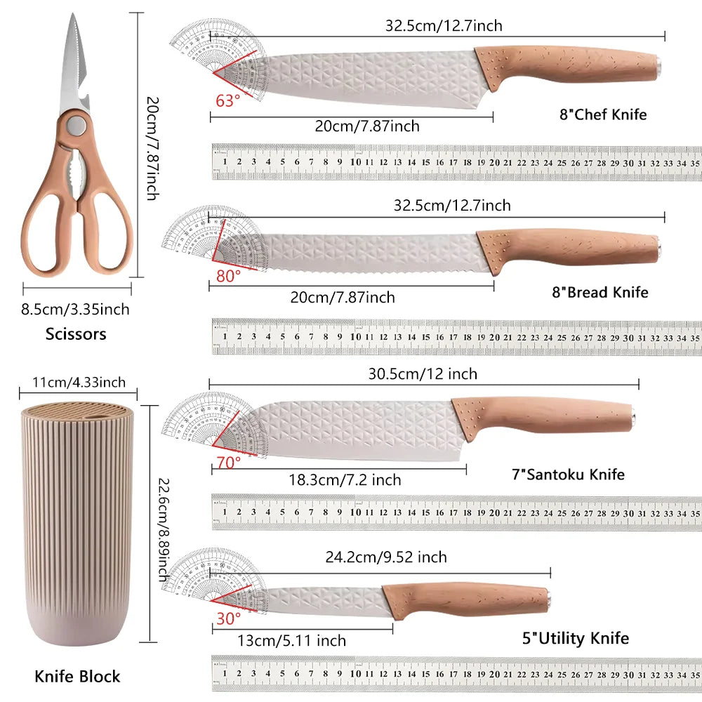 Steel Kitchen Knife Set, Utility Knife, Scissors, knives holder, beige grey 6pcs