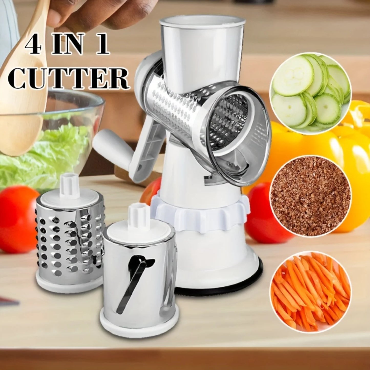 4-In-1 Vegetable Cutter: Rotary Slicer, Grater, Chopper - Kitchen Gadgets for Potatoes, Fruits