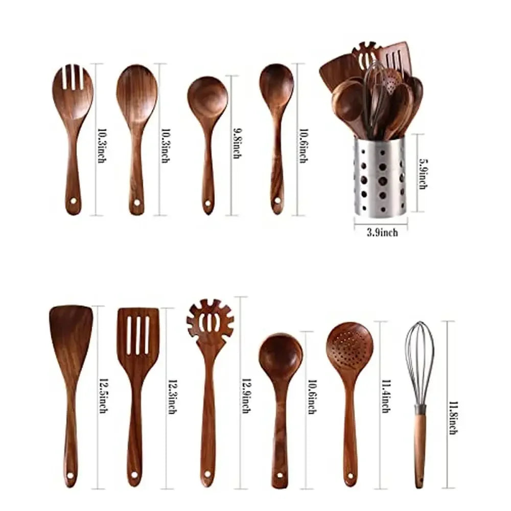 Wooden Kitchen Utensils Set with Holder