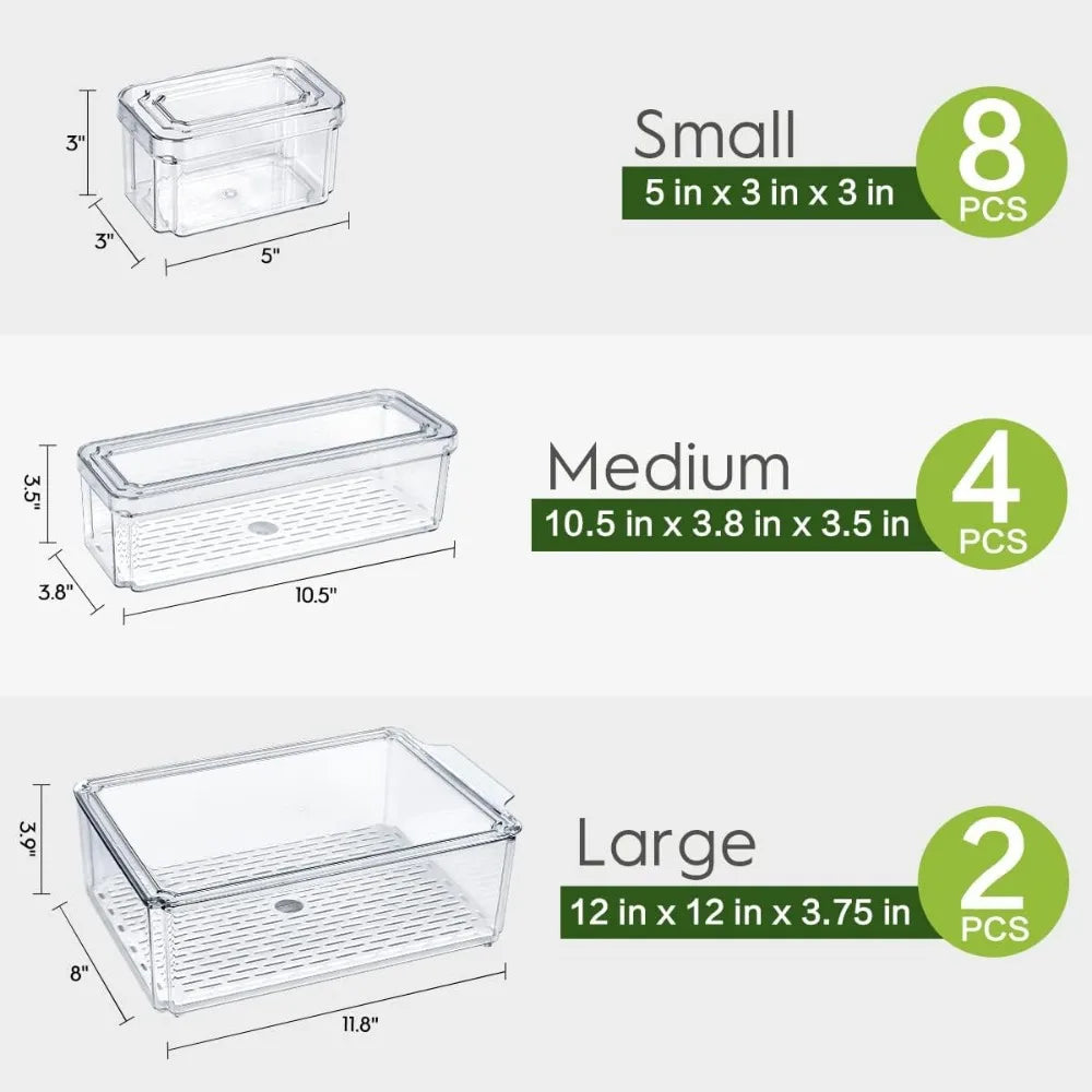 14 Pack Fridge Organizer, Stackable Refrigerator Organizer Bins with Lids, stackable