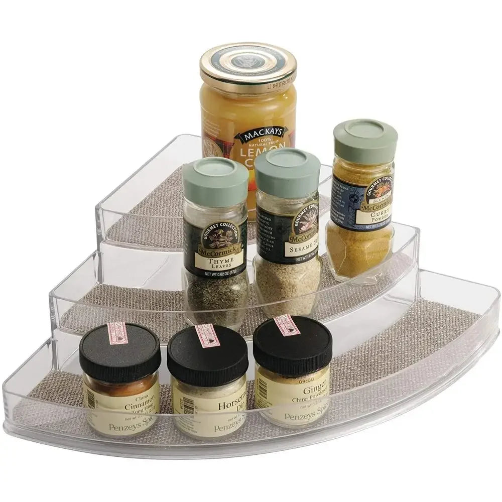 Plastic Spice Rack Corner Organizer Storage 10" x 14" x 4" Clear 3-Tier Shelves