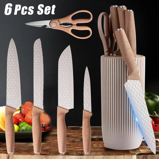 Steel Kitchen Knife Set, Utility Knife, Scissors, knives holder, beige grey 6pcs