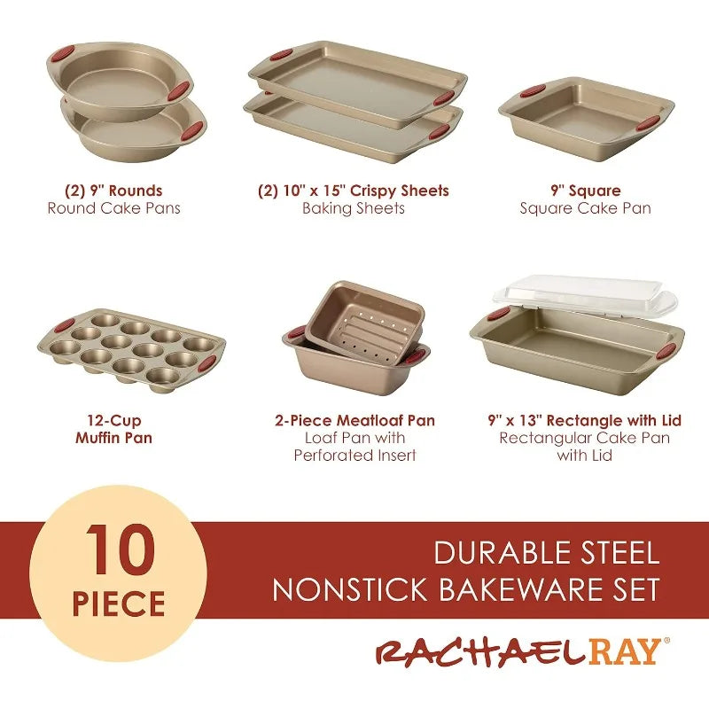 Rachael Ray Cucina 10 Piece Set, Nonstick Bakeware Set, Baking Cookie Sheets, Cake Muffin Bread Pan, Latte Brown with Cranberry Red