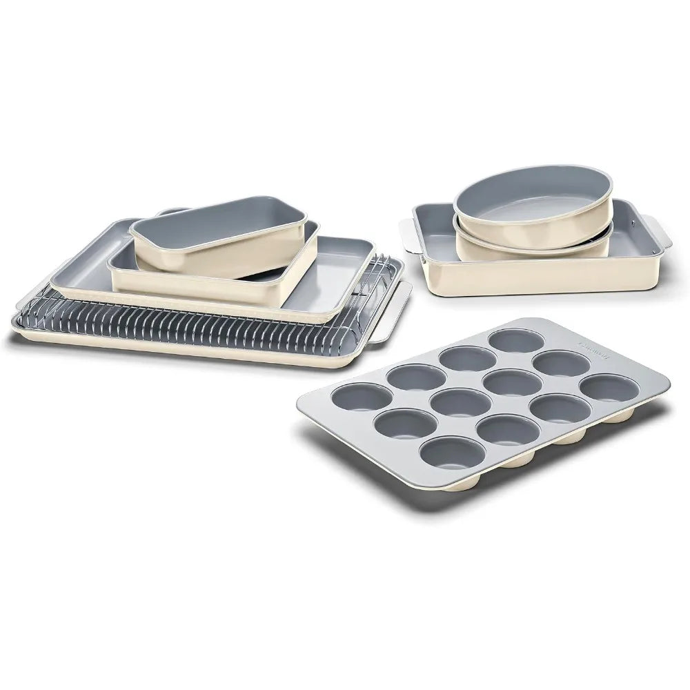 Non-stick ceramic baking tray set of 11 pieces, cooling rack and storage - aluminized steel body, cream color