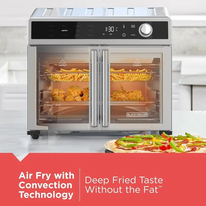 French door air fryer oven, 12 cooking functions, 60-minute timer, air fryer with convection technology