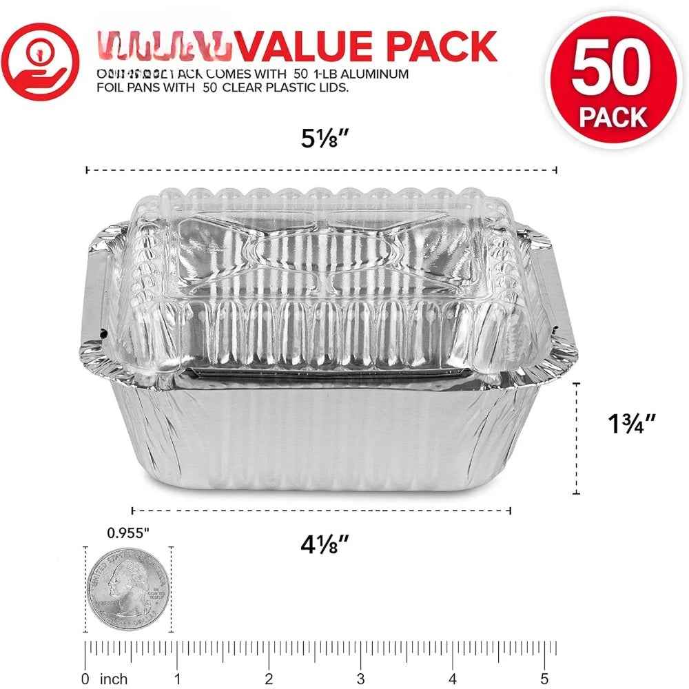 1 Lb Small Aluminum Pans with Lids Foil Pans + Clear Plastic, Disposable Cookware