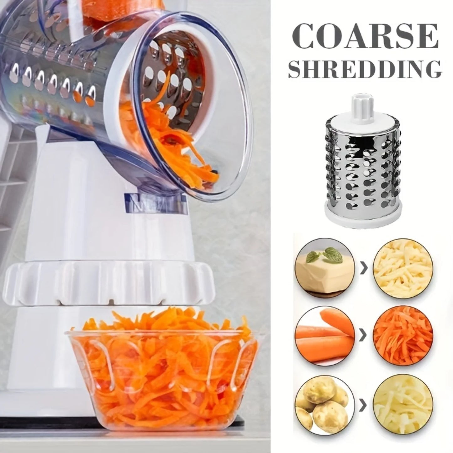 4-In-1 Vegetable Cutter: Rotary Slicer, Grater, Chopper - Kitchen Gadgets for Potatoes, Fruits