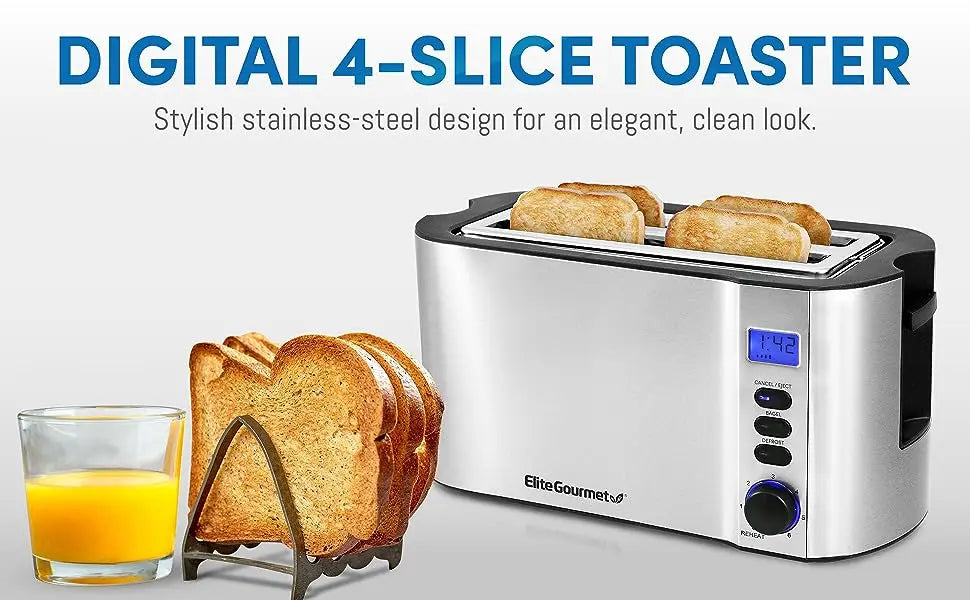 Long Slot 4 Slice Toaster, Countdown Timer, 6 Toast Setting, Defrost, Cancel Function, Built-in Warming Rack, Extra Wide Slots