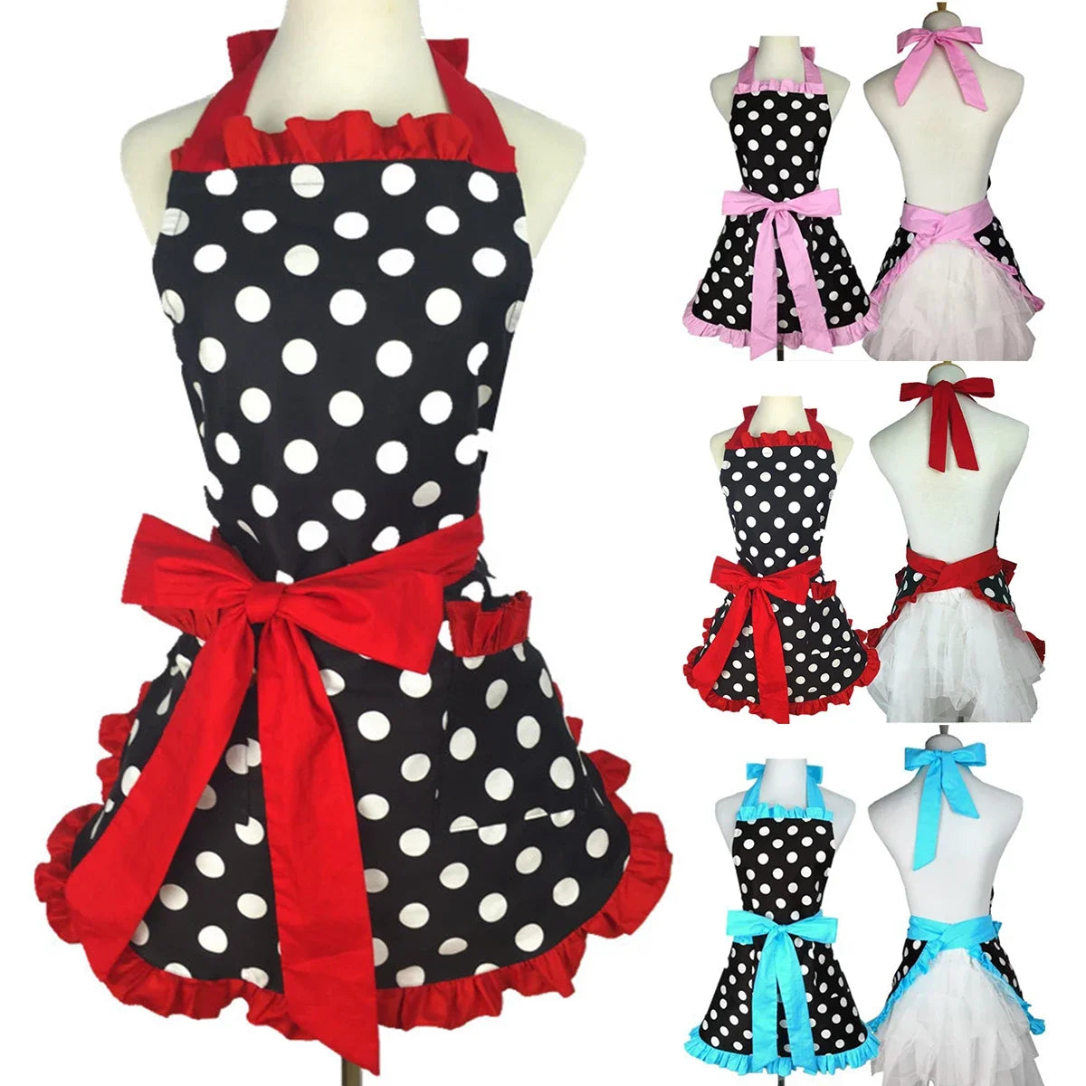 Women Cute Apron Retro Red Polka Sleeveless Aprons with Pockets