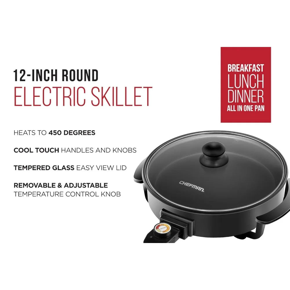 Electric Skillet 12 Inch Frying Pan with Non-Stick Coating, Temperature Control,